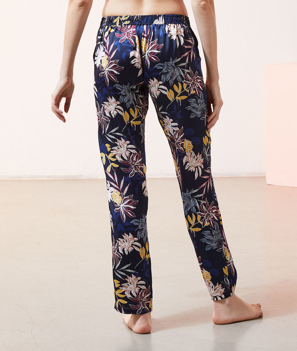 Satiny trousers in print navy blue.