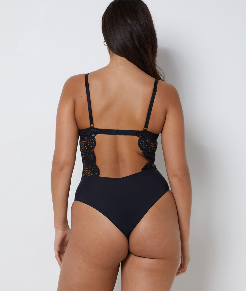 Lace body, open back black.