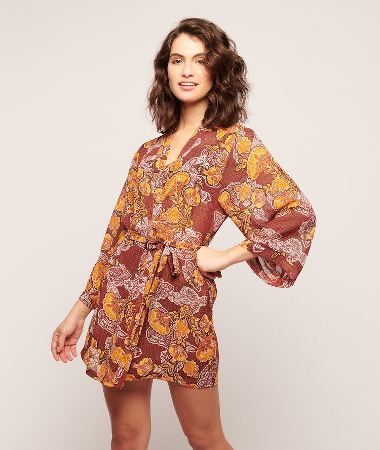 Floral print kimono brown.