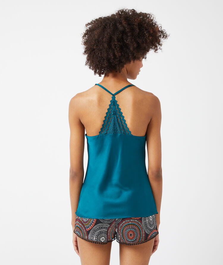 Caraco satin&eacute;, d&eacute;tails dentelle bleu canard.