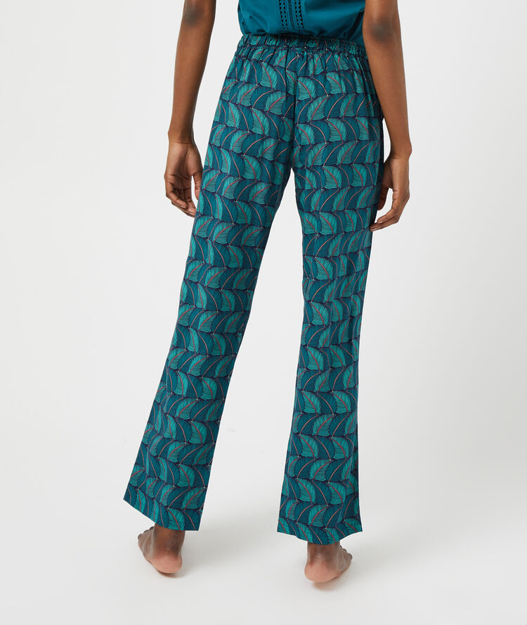 Pantalon imprim&eacute;, ceinture satin&eacute;e bleu canard.