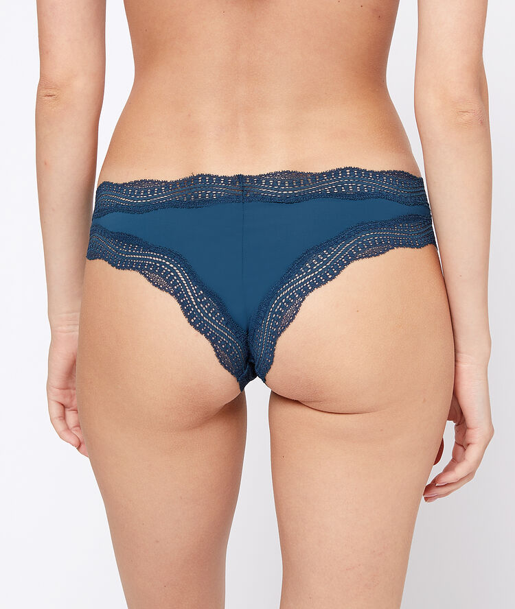 Graphic lace trim tanga petrol blue.