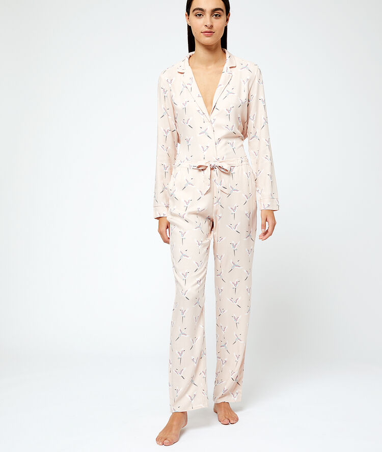 Pantalon imprimé oiseaux rose.