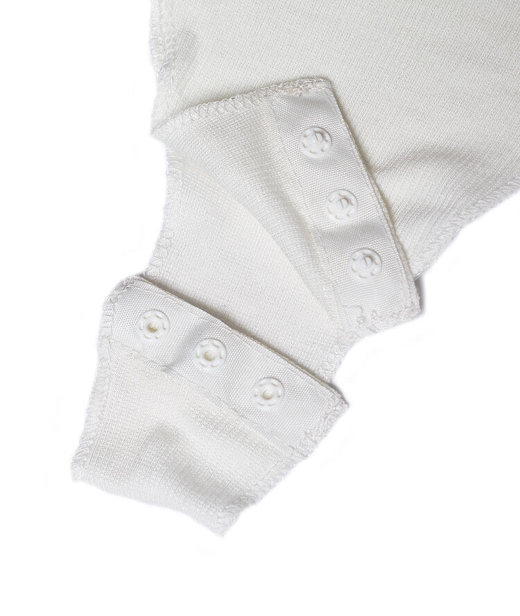 Ribbed body, lace v neckline ecru.