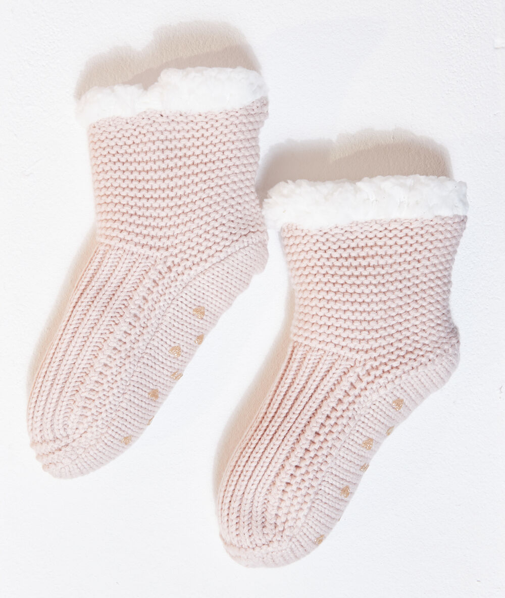 Socks in knit with fleece lining pink.