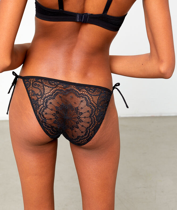 Lace bikini knickers, lace up detailing black.