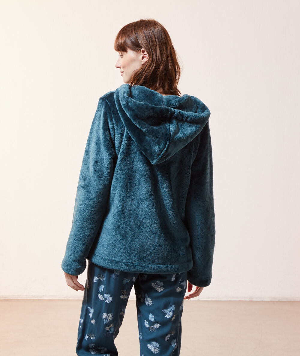 Hooded fleece cardigan peacock blue.