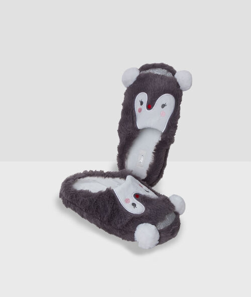 Penguin mule slippers with faux fur grey.