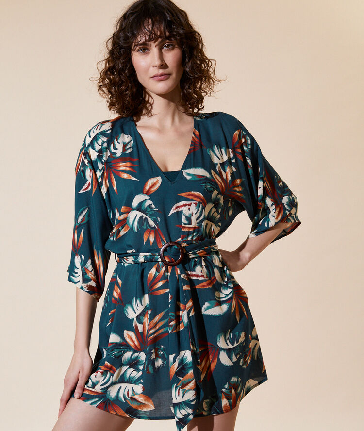Foliage print tunic petrol blue.