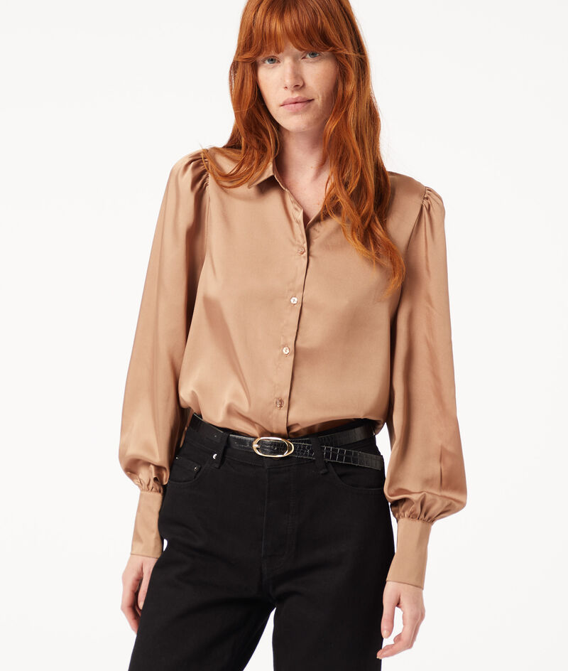 Puffy sleeve satin blouse;${refinementColor}