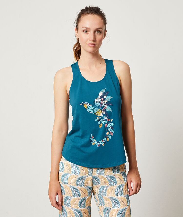 Bird print top peacock blue.