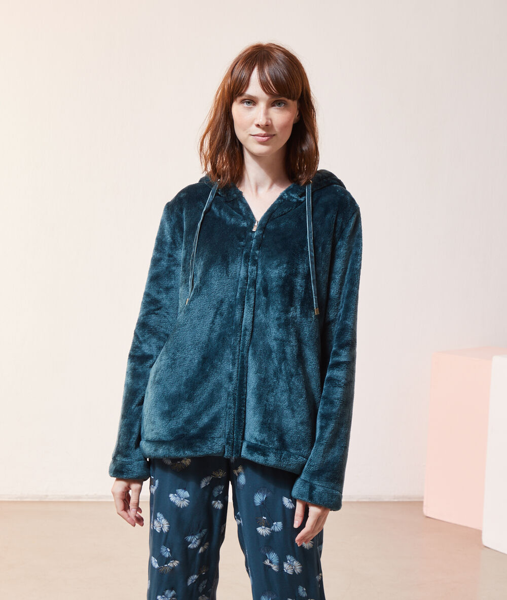 Hooded fleece cardigan peacock blue.