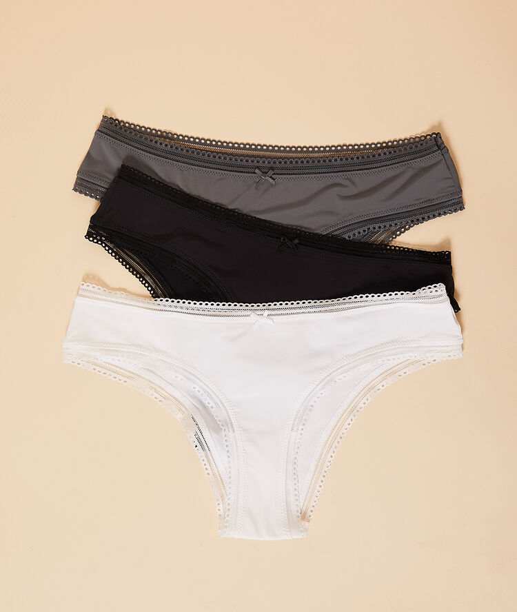 3 pack hipster briefs, openwork edges black/grey/blue.