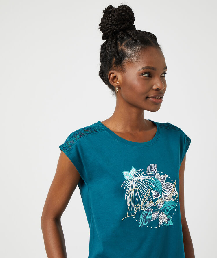 T-shirt imprim&eacute; "island" bleu canard.