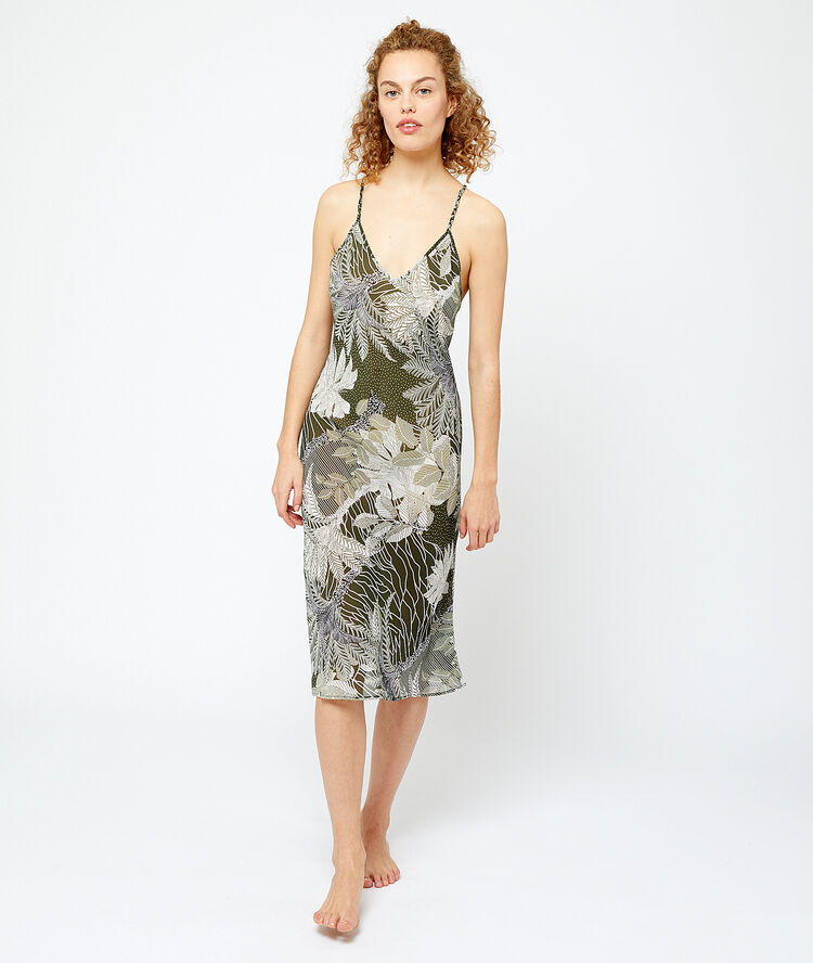 Low crossed back printed long cut slip khaki.