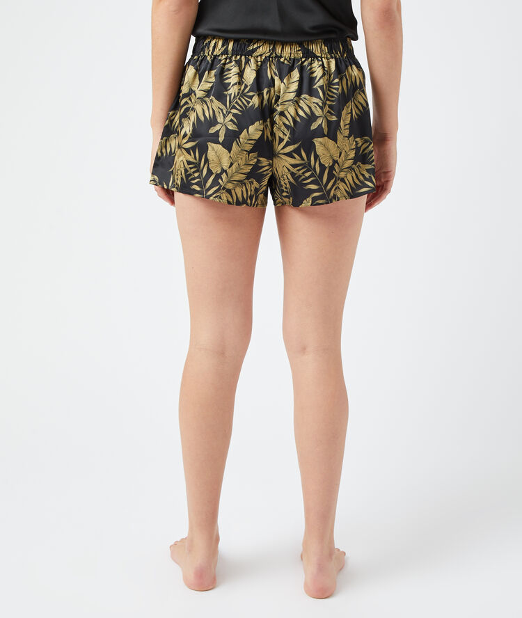 Satiny shorts in a foliage print black.