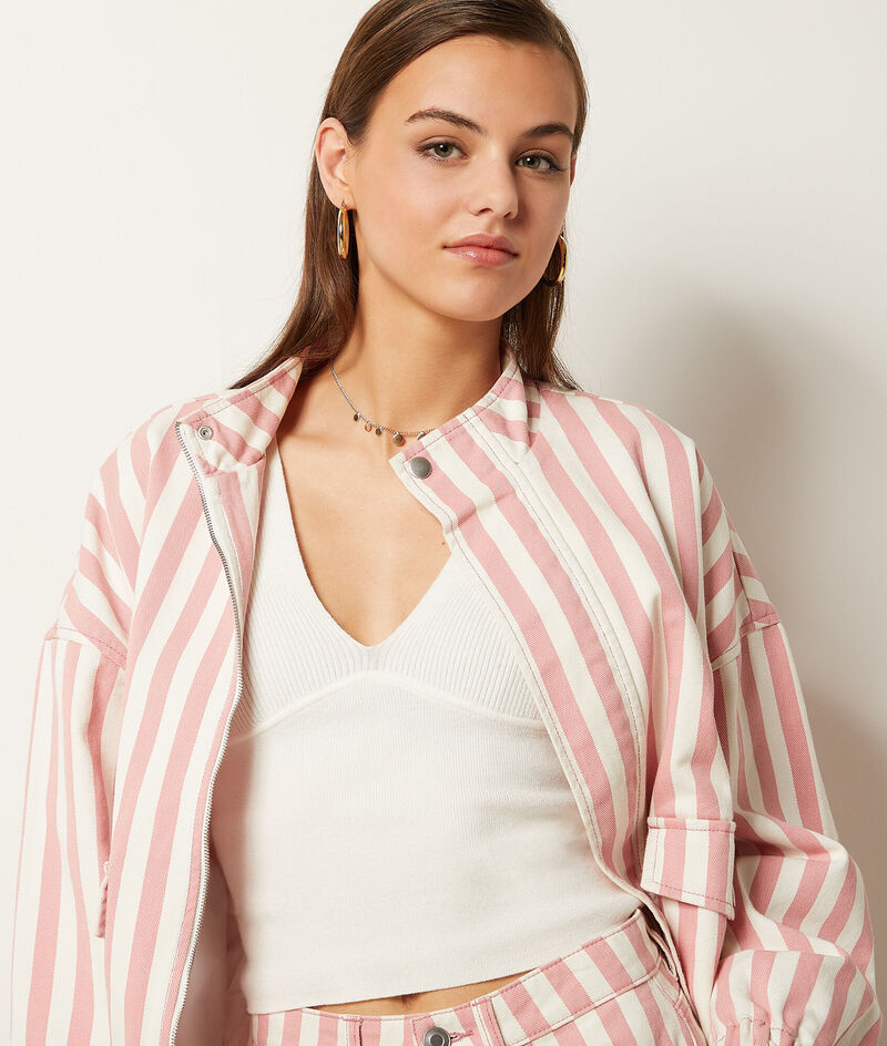 Pure Cotton Cotton Striped Denim Jacket;${refinementColor}