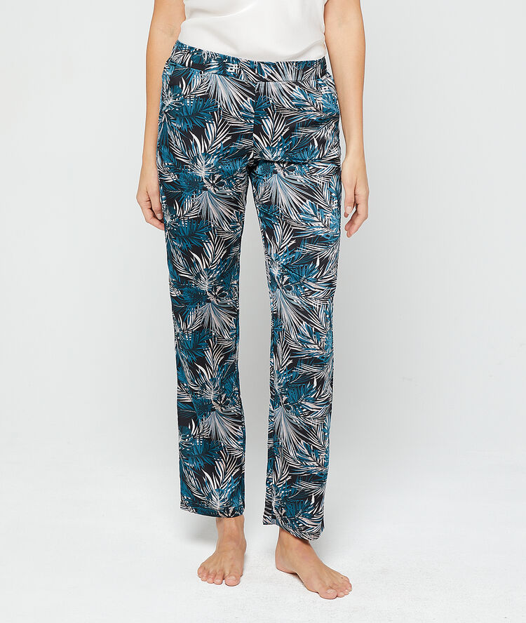 Pantalon imprim&eacute; feuillage noir.