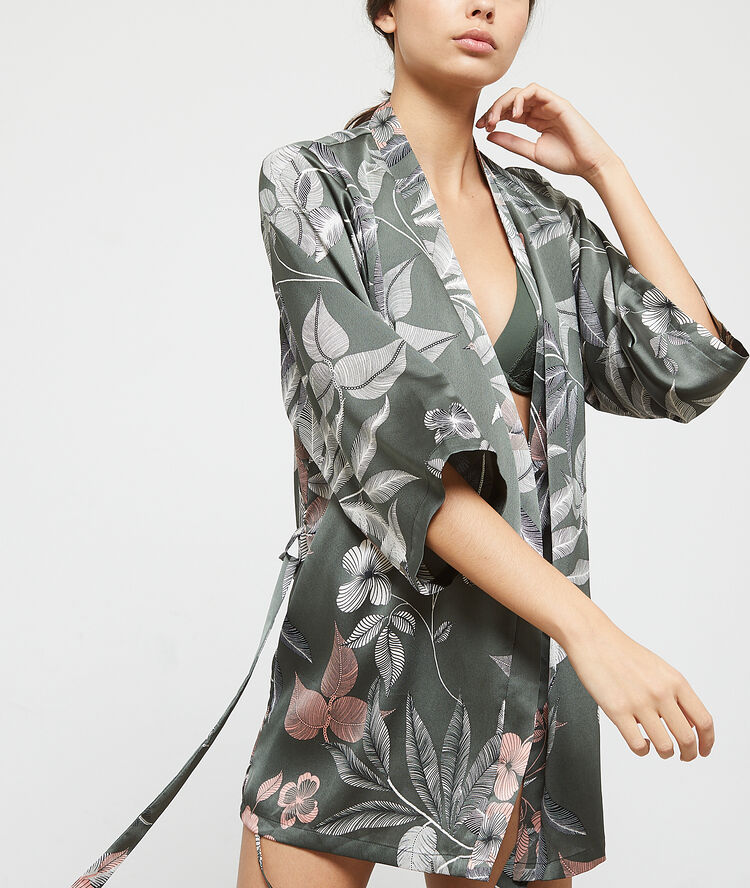 Floral satin kimono grey.