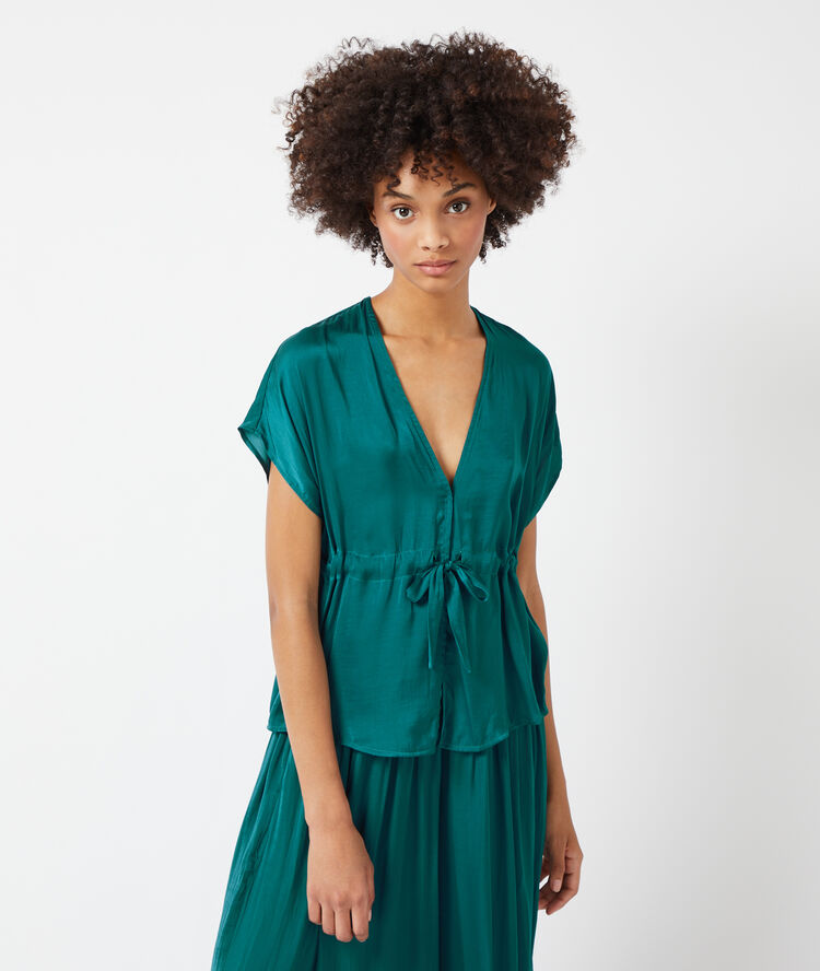 Top satin&eacute; &agrave; nouer bleu canard.