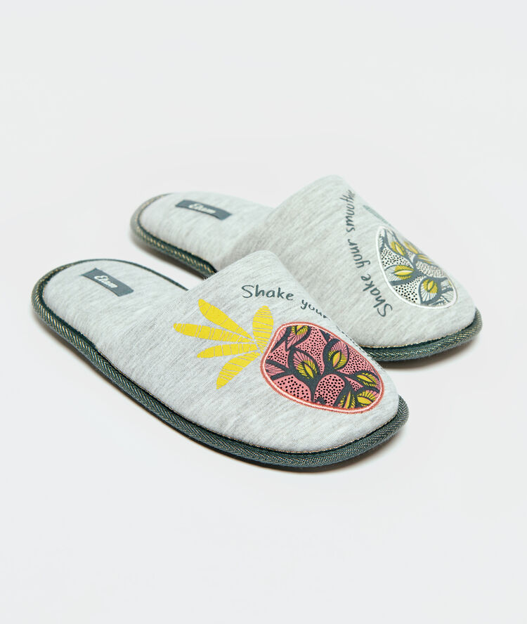 Slippers in a pineapple 'shake your smoothie' print grey.