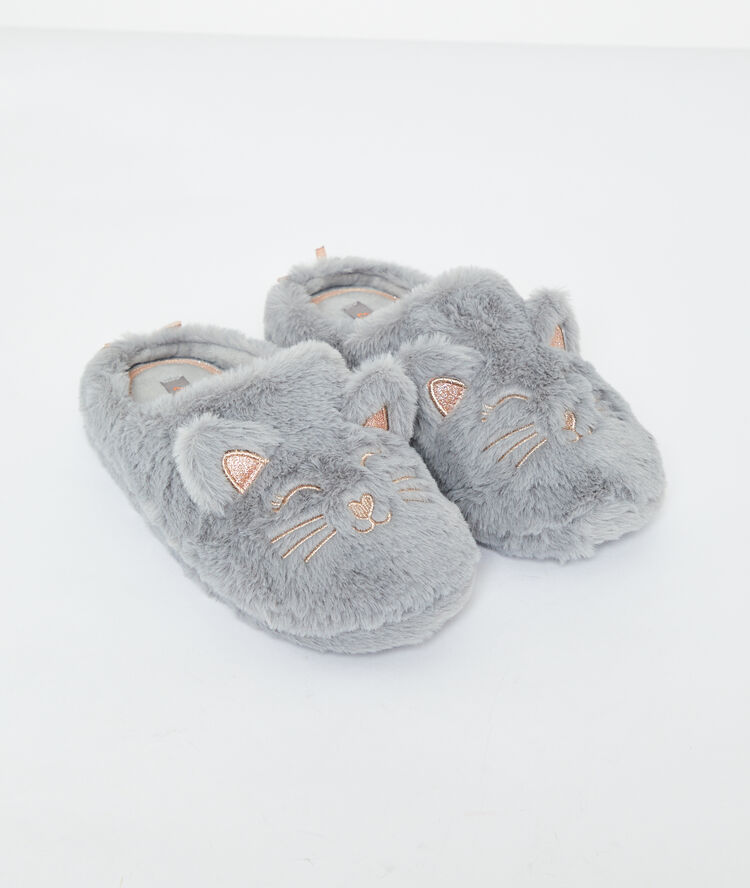 Mules chat en fausse fourrure gris.