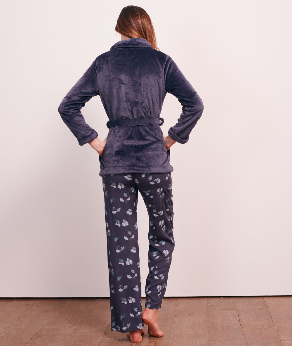 3 piece pyjama in print, fleece cardigan indigo-blue.