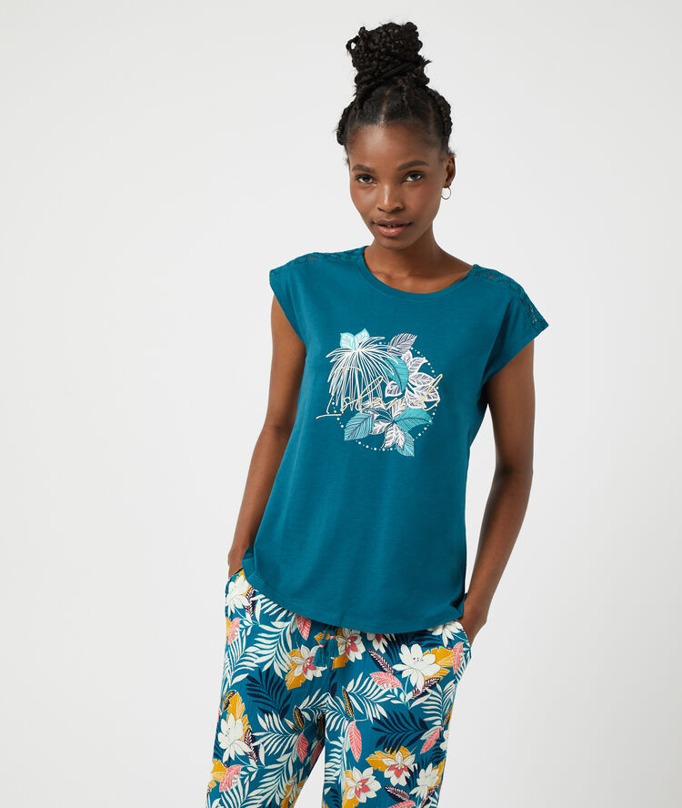 T-shirt imprim&eacute; "island" bleu canard.