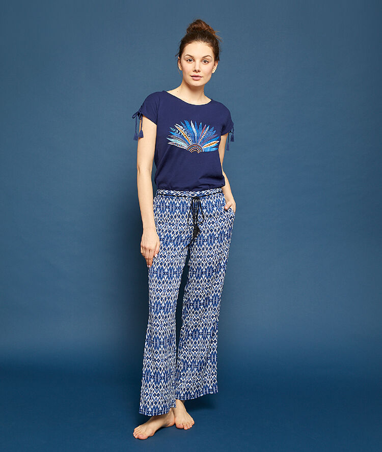 Ethnic print flared trousers blue.