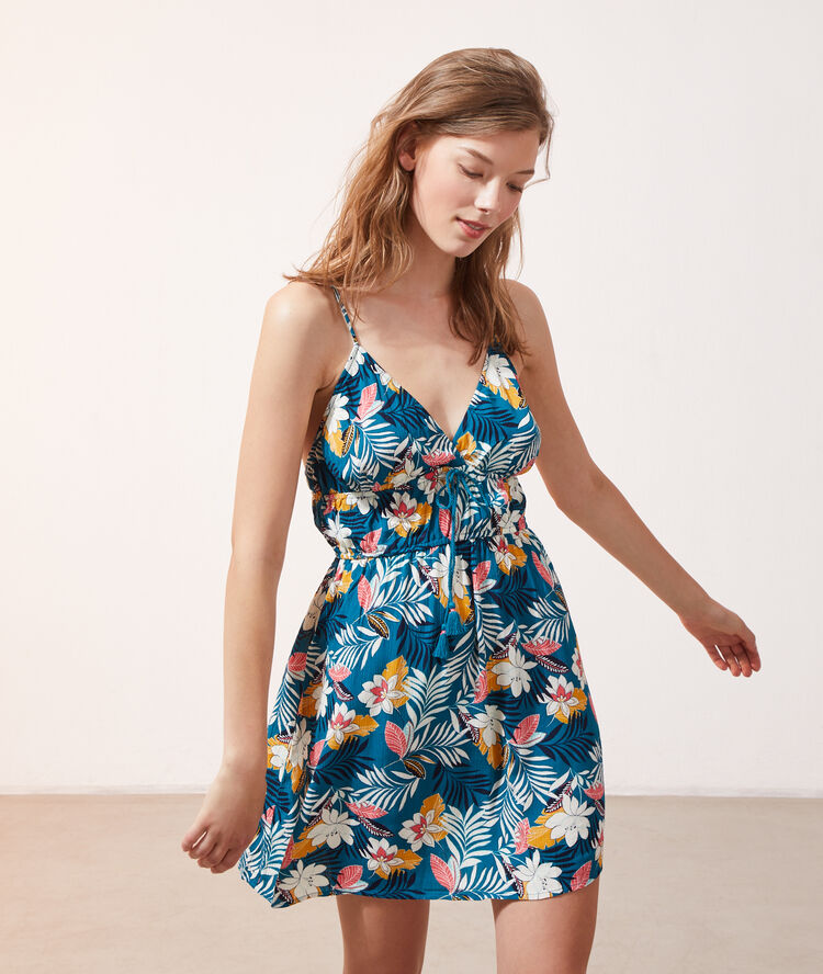 Robe imprim&eacute; floral bleu canard.