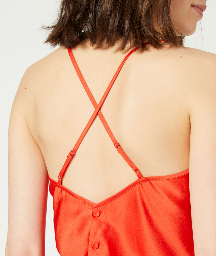 Satiny cami top with button through back and crossed straps vermilion.