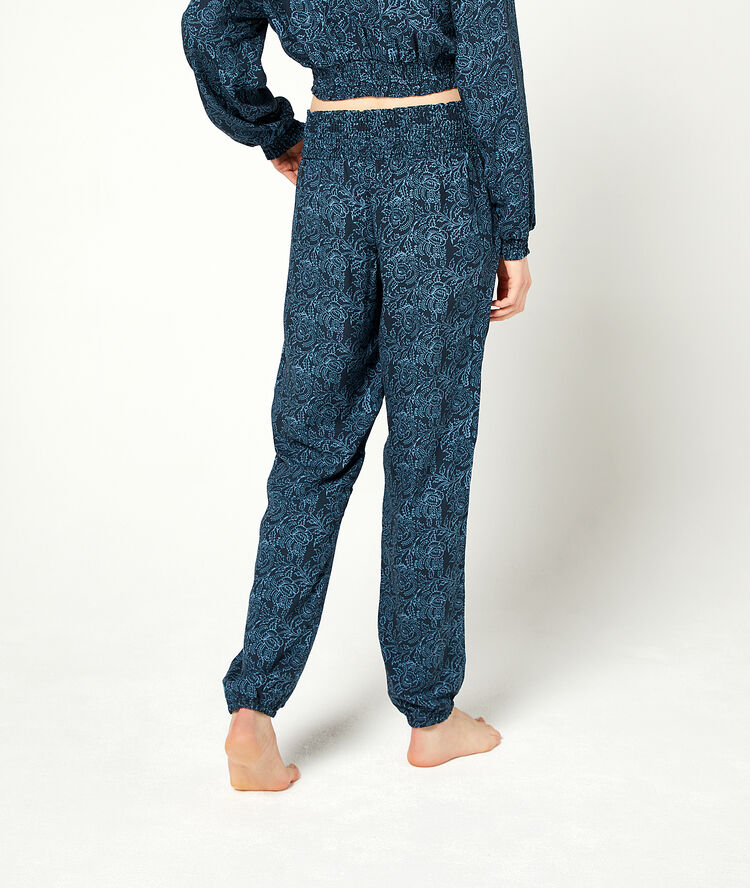 Printed smocked trousers navy blue.