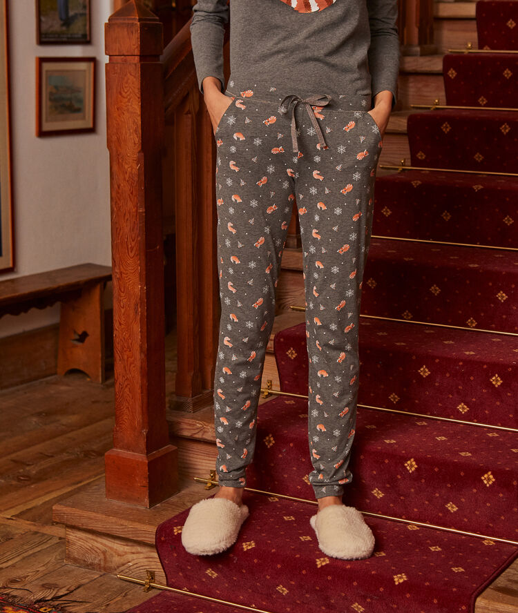 Pantalon imprim&eacute; panda roux anthracite.