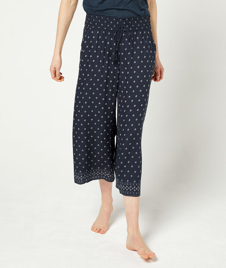 Wide leg crop trousers with big smocked belt navy blue.