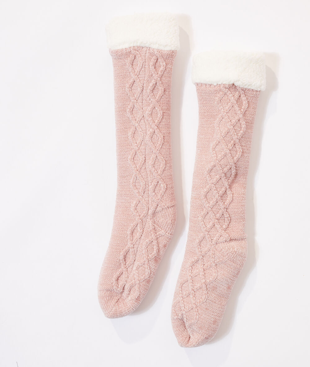 Chaussettes tricot int&eacute;rieur polaire rose.