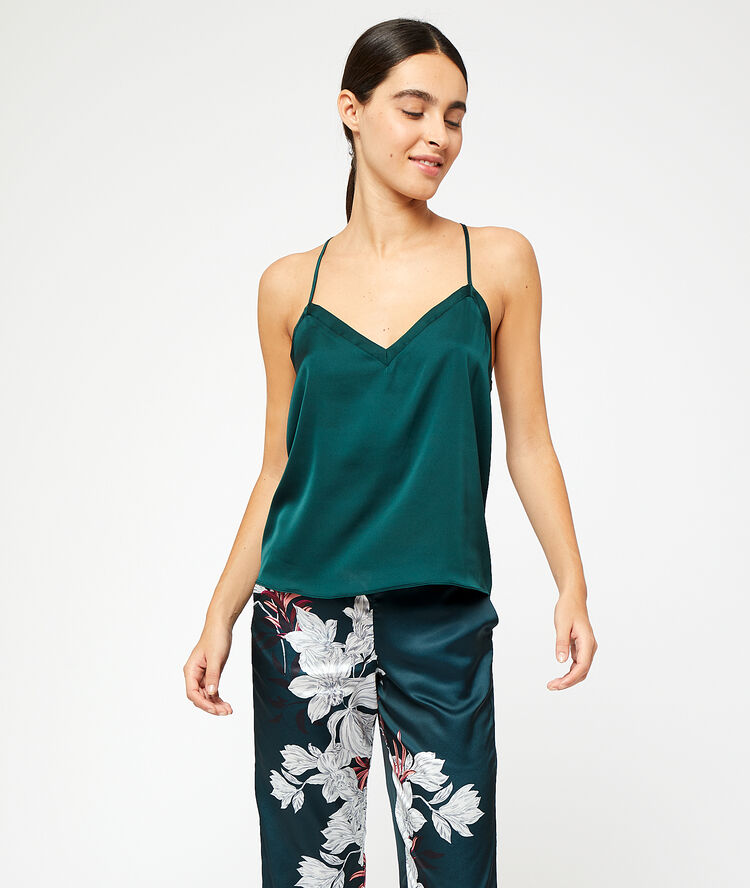Satin cami top with lace back green.