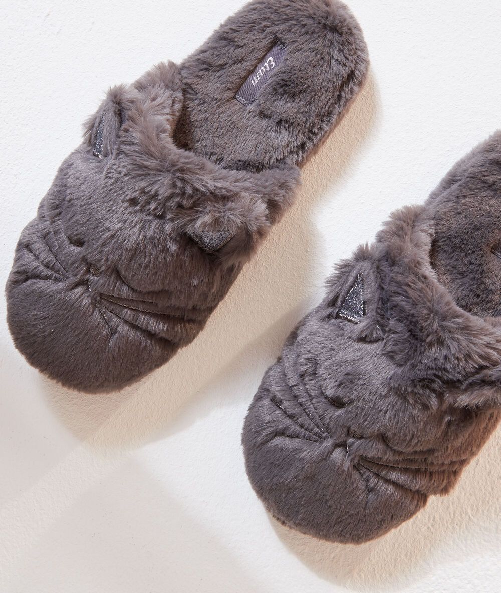 Chaussons mules chat anthracite.