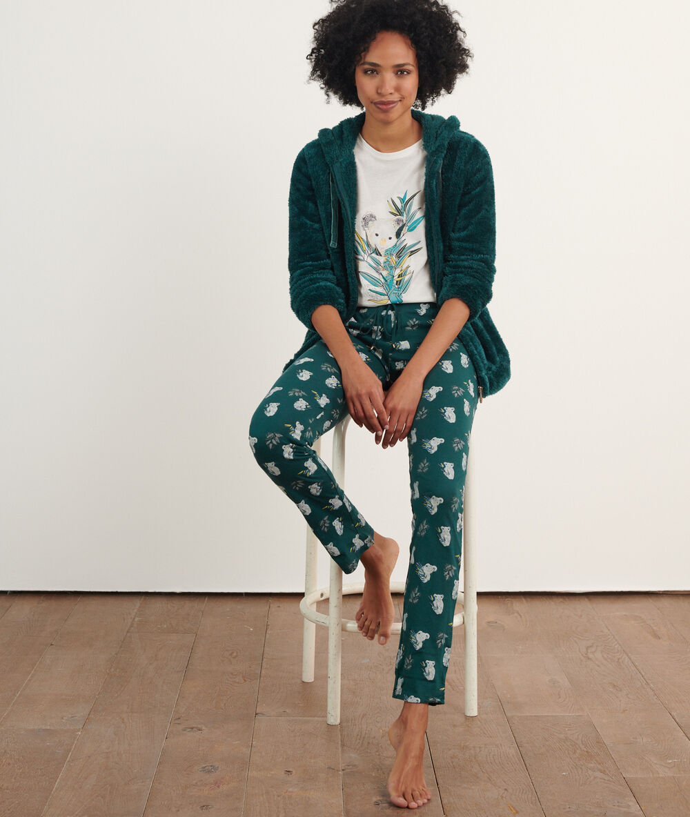 3 piece pyjama in print, fleece cardigan green.
