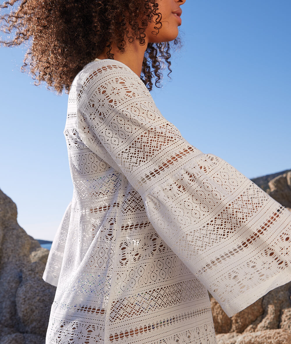 Tunique de plage manches 3/4 ajour&eacute;e ecru.
