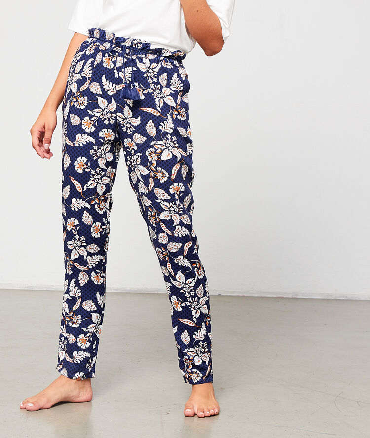 Pantalon imprim&eacute; &agrave; pompons marine.