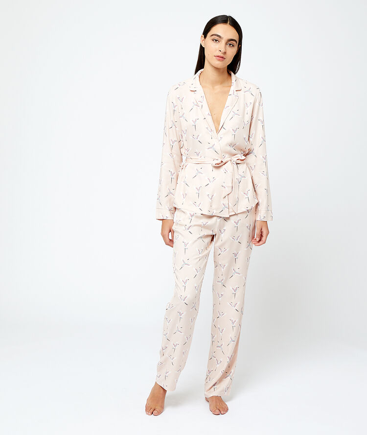 Pantalon imprimé oiseaux rose.