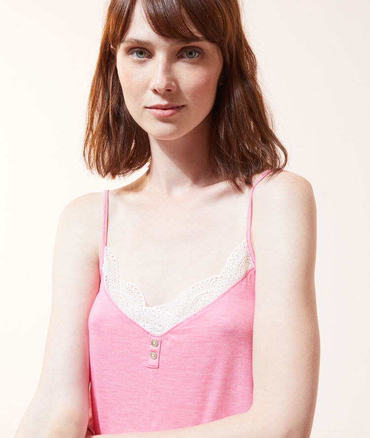 Lace trimmed low cut cami top pink.