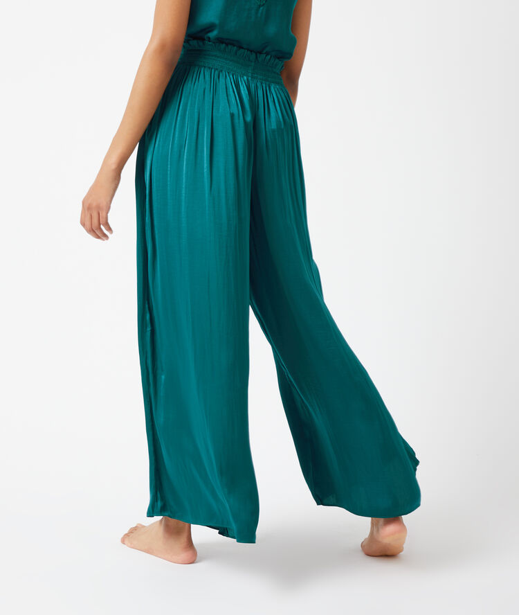 Satiny trousers with smocked waist peacock blue.