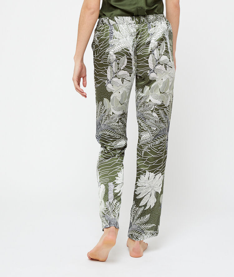 Pantalon satin&eacute; imprim&eacute; vert.