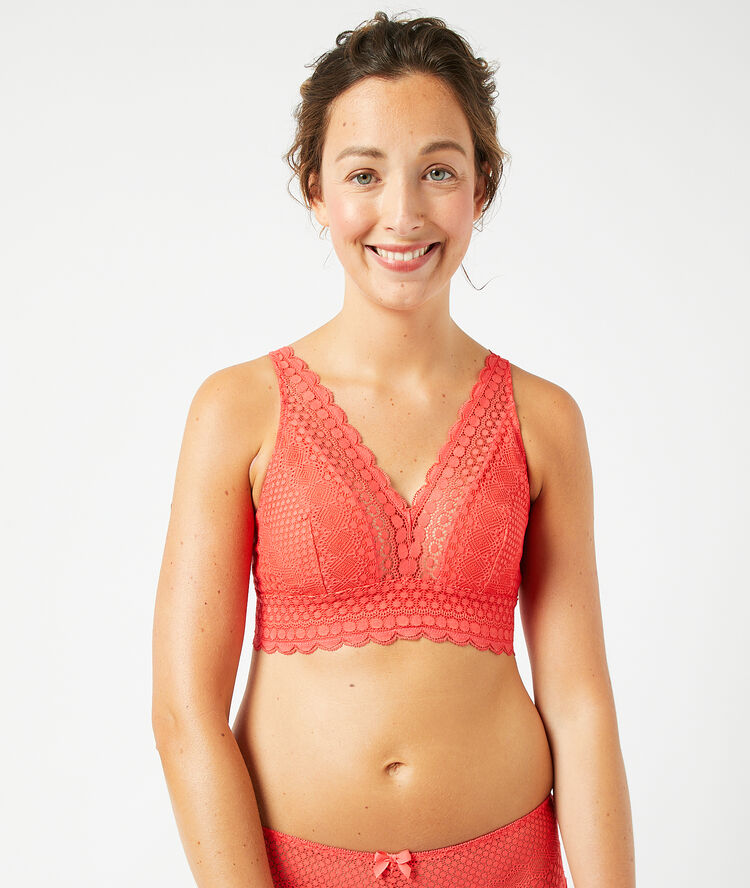 Non-wired post-masectomy triangle bra coral.