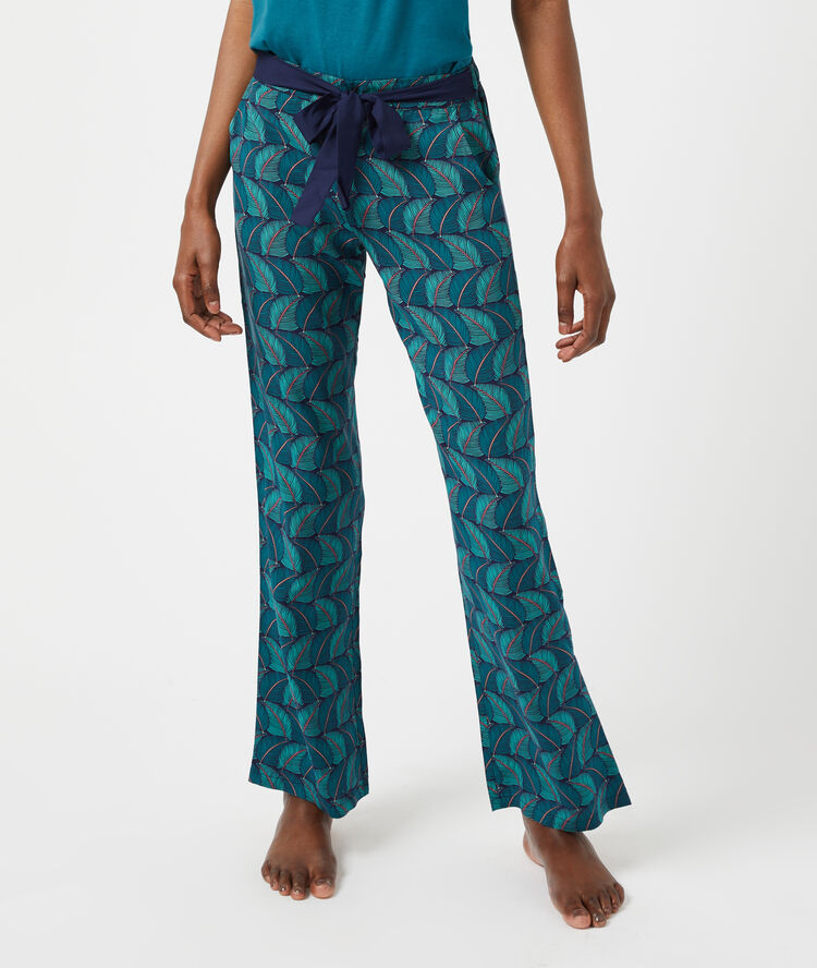 Pantalon imprim&eacute;, ceinture satin&eacute;e bleu canard.