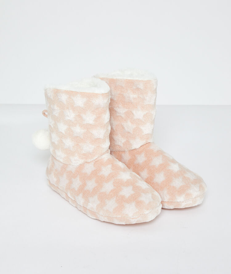 Chaussons bottines fourr&eacute;es &agrave; pompons rose.