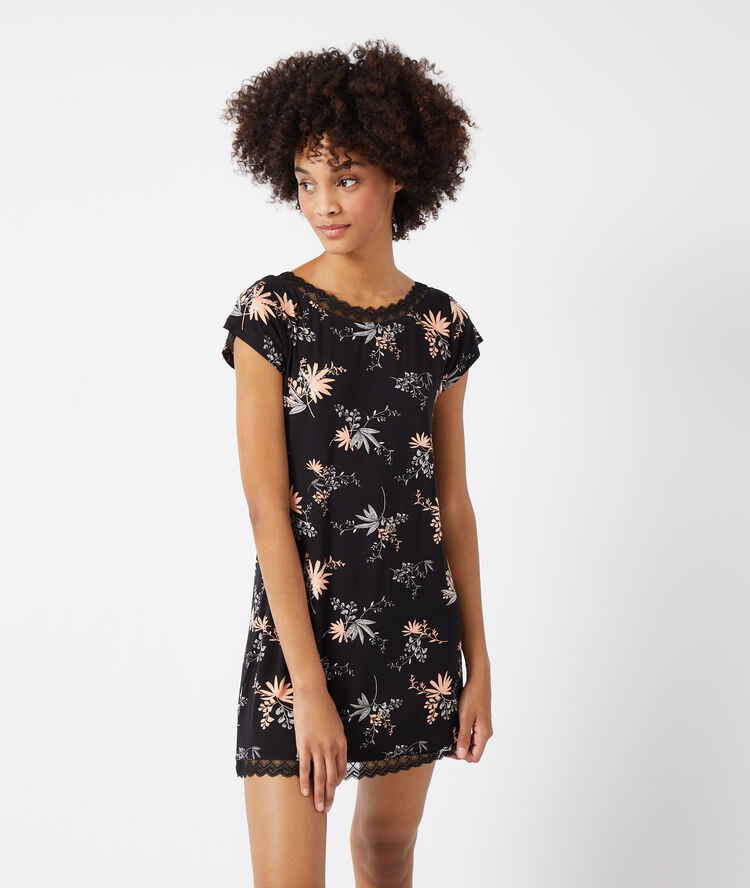 Chemise de nuit imprim&eacute;e, d&eacute;tails dentelle noir.