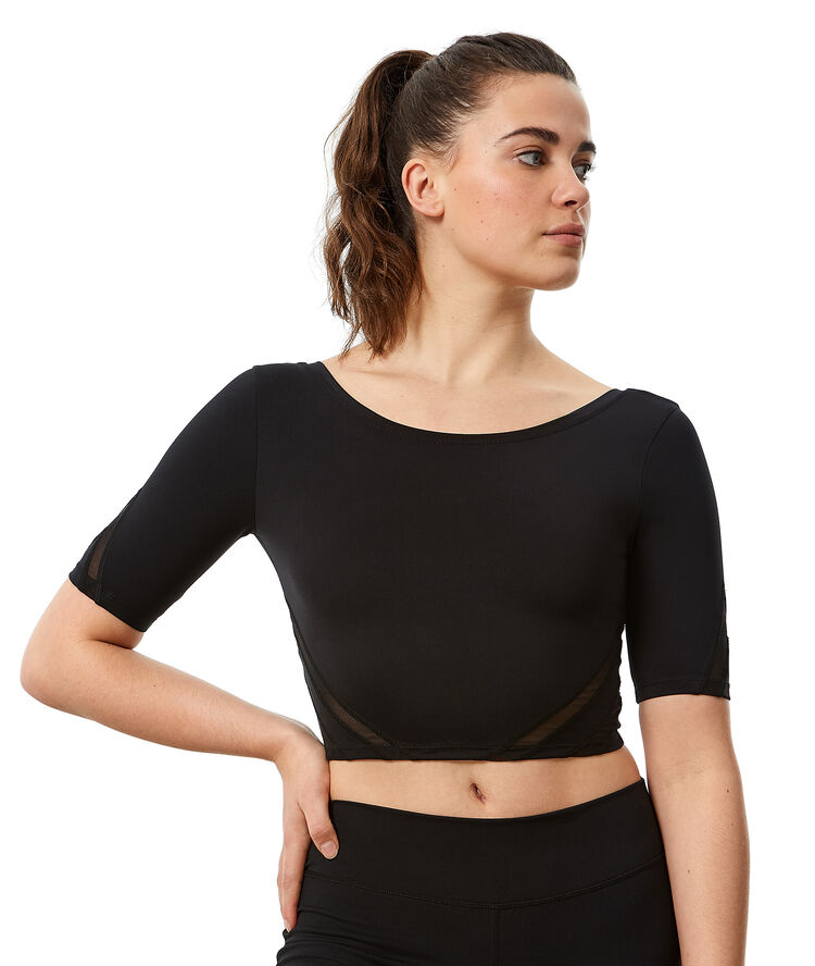 Crop top de yoga, dos &eacute;chancr&eacute; noir.