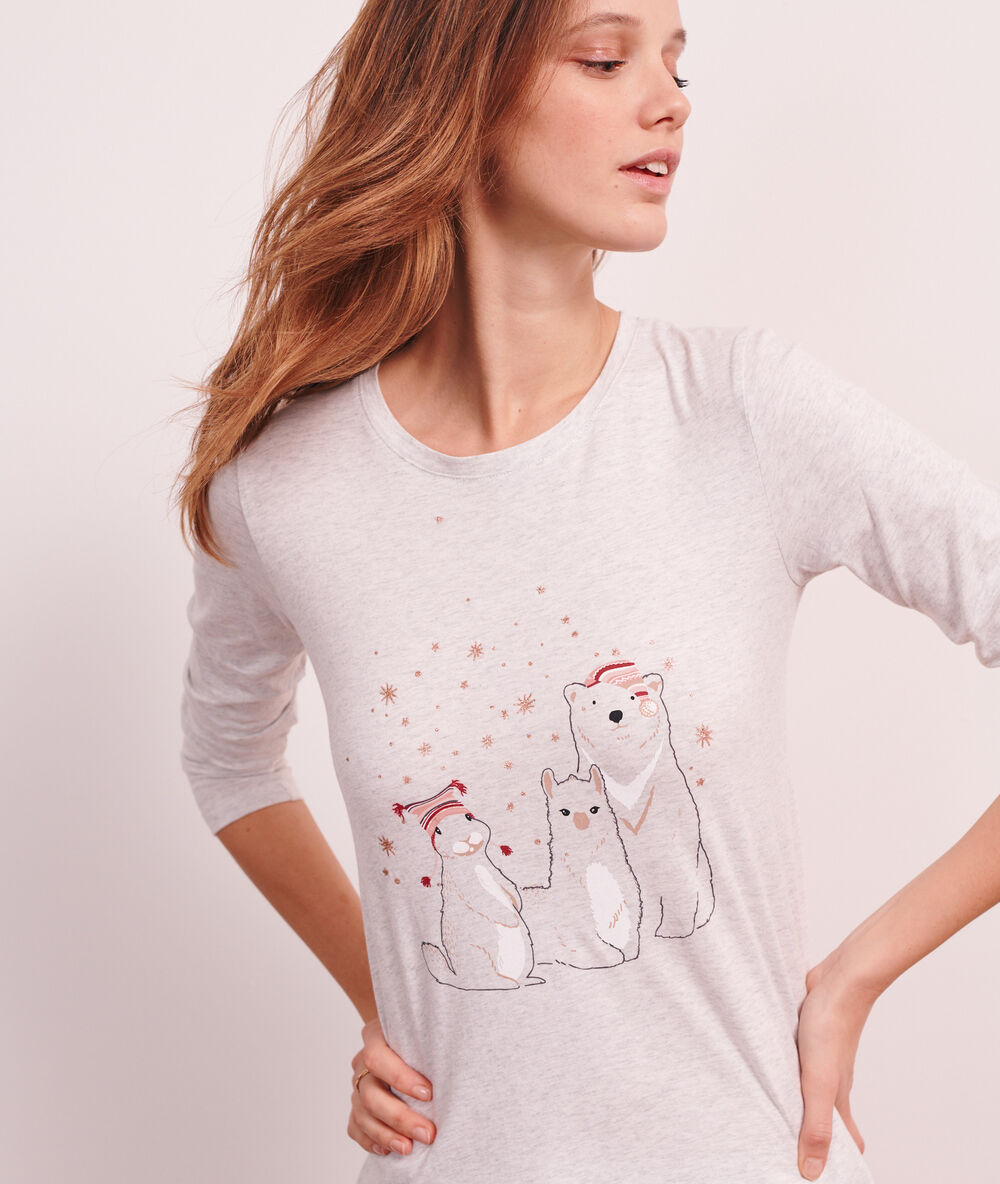 3 piece pyjama in print, fleece cardigan off white.